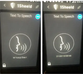 Gambar 14 menunjukkan keluaran dari aplikasi 1Sheeld  LCD dan TextToSpeech pada ponsel pintar.