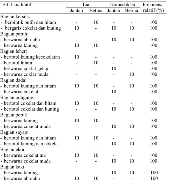 Tabel 11. Karakteristik sifat-sifat kualitatif warna bulu pada puyuh liar dan domestikasi Sifat kualitatif Liar Domestikasi Frekuensi