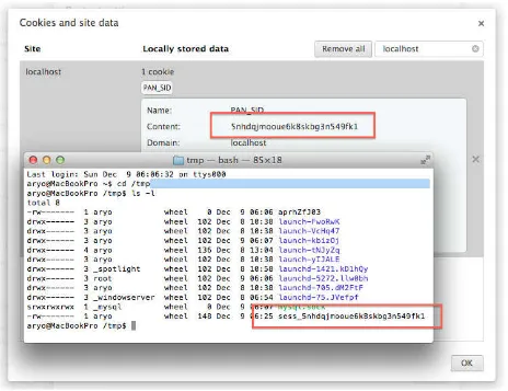 Gambar 7.1 Session yang disimpan oleh web browser dalam bentuk cookie (atas) dan session yang disimpan dalam bentuk file oleh web server dalam folder / tmp (bawah) 