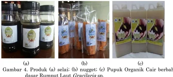 Gambar  4.  Produk  (a)  selai;  (b)  nugget;  (c)  Pupuk  Organik  Cair  berbahan  dasar Rumput Laut  Gracilaria  sp