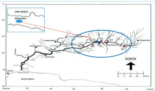 Gambar 1. Peta dan lokasi penelitian di Sungai Serayu  
