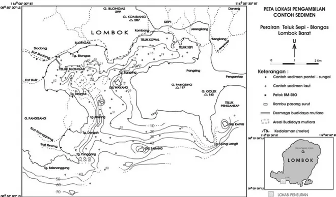 Gambar 1. Peta lokasi penelitian dan pengambilan contoh sedimen (dimodifikasi setelah  Priohandono, dkk.,1989