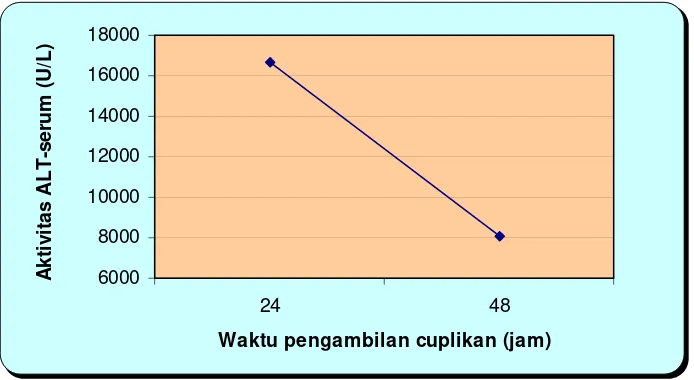 Gambar 7. Grafik perbandingan aktivitas ALT-serum jam ke-24 dan ke-48 