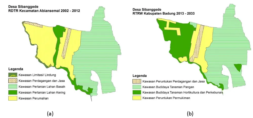 Gambar 1. Pola ruang Desa Sibang Gede berdasarkan RDTR Kecamatan Abiansemal 2002 � 2011 (a) dan