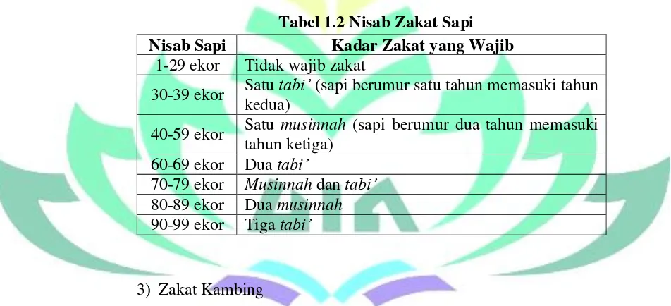 Tabel 1.2 Nisab Zakat Sapi 
