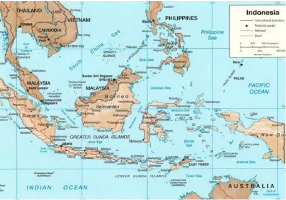 Gambar 2. Peta lokasi relatif Kepulauan Indonesia dan keberadaannya di benua maritim. 