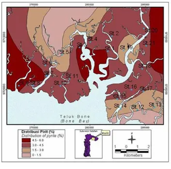 Gambar 2.Sebaran pirit pada lokasi survai di Malili Kabupaten Luwu Timur, Sulawesi SelatanFigure 2.Distribution of pyrite of survey location at Malili, East Luwu Regency, South Sulawesi