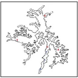 Gambar 1. Lokasi pengambilan contoh air, lumpur, dan ikan di Waduk SagulingFigure 1.Sampling locations of water, mud, dan fish at Saguling reservoir