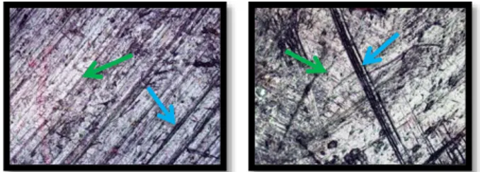 Gambar  12.  Foto  mikro  pin  resin  akrilik  berpenguat  7%  serat  berpola  teratur (kiri) dan berpola acak (kanan) 