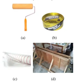 Gambar 3. 8 (a) Roller, (b) Releasing Wax, (c) Peel Ply, (d)  Bekisting Kayu 