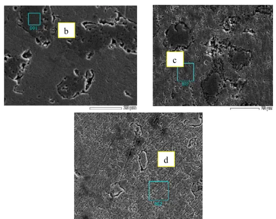 Gambar 4. Strukturmikro bongkah Fe-Cr hasil variasi sintering(b) suhu 1100 0 C, (c) suhu 1200 0 C (d) suhu 