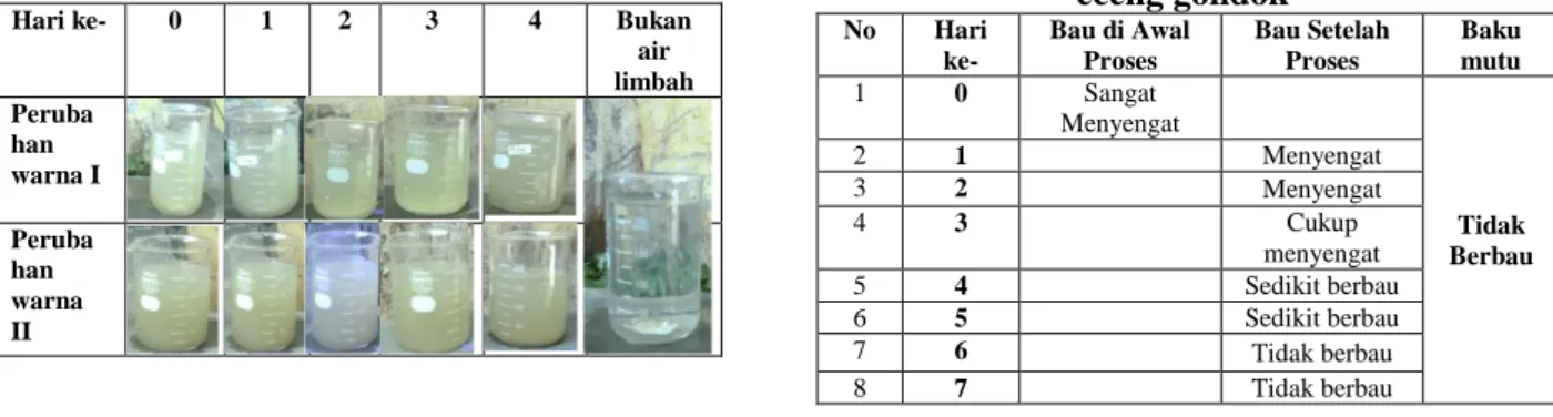 Tabel 7. Data Hasil Pengamatan  Perubahan  Warna pada limbah Cair Tahu dibandingkan  dengan Warna limbah sebelum diolah dan  bukan air limbah 