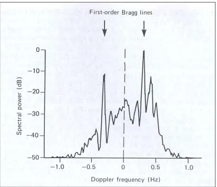 Figure 2.3 : A measured H.F radar backscatter spectrum (Tucker, 1991).  