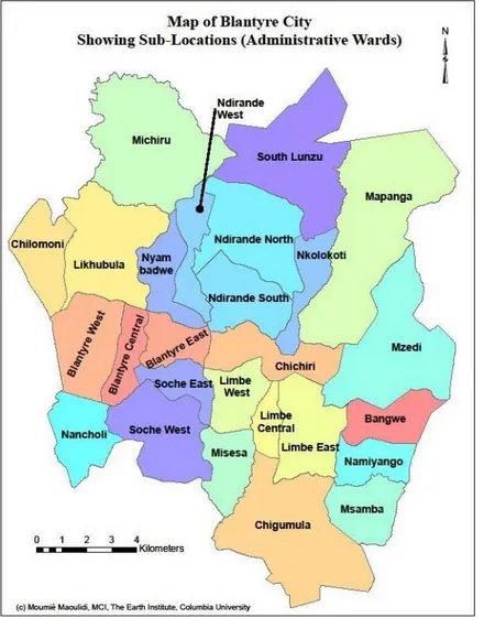 Figure 4: Blantyre city with districts (Columbia University, 2008) 