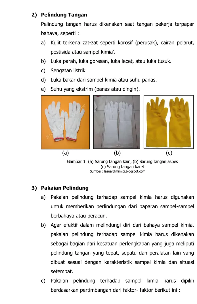 Gambar 1. (a) Sarung tangan kain, (b) Sarung tangan asbes   (c) Sarung tangan karet 