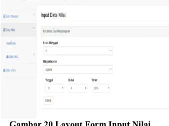 Gambar 20 Layout Form Input Nilai  Dilanjukan dengan menekan tombol submit  untuk menampilkan form input nilai siswa  seperti pada gambar 21 