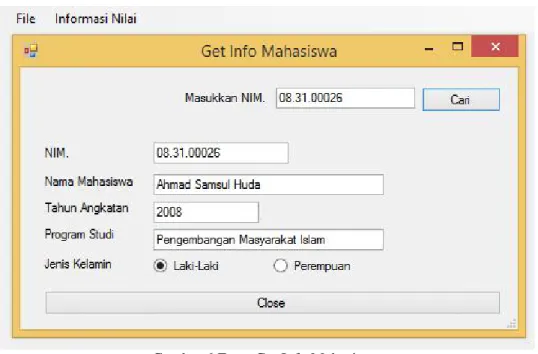 Gambar 6 memperlihatkan form untuk mengakses detail informasi mahasiswa. Form ini mengimplementasikan  method getMhs($npm) dengan  melewatkan  nomor  induk  mahasiswa sebagai  parameter  input