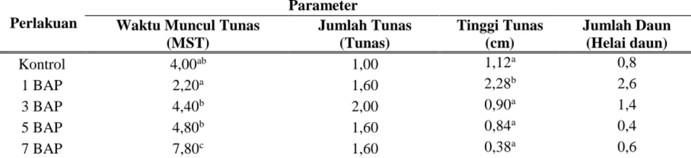 Tabel 1. Pengaruh pemberian BAP terhadap waktu muncul tunas (MST), jumlah tunas (tunas), tinggi tunas (cm)  dan jumlah daun (daun) 