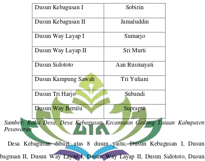 Tabel 3.4 Struktur Kepala Dusun  