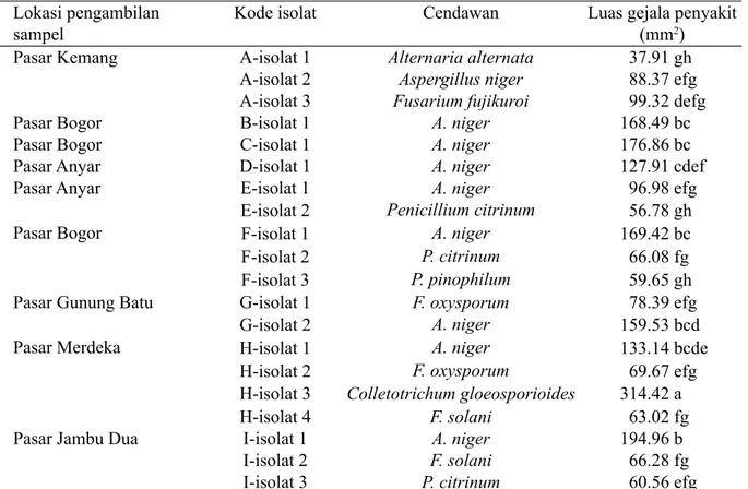 Tabel 1 Lokasi asal dan hasil identifikasi setiap isolat cendawan secara morfologi, serta luas  gejala penyakit