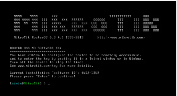 Gambar 2 Tampilan Awal Mikrotik  j.  Sekarang mikrotik sudah dapat digunakan. 