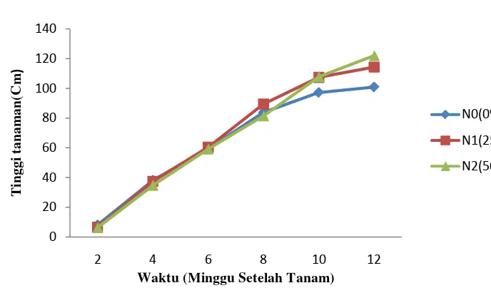 Gambar 1. Grafik pertumbuhan tinggi tanaman vetiver pada naungan 0, 25 dan 50% pengamatan 2 MST-12 MST