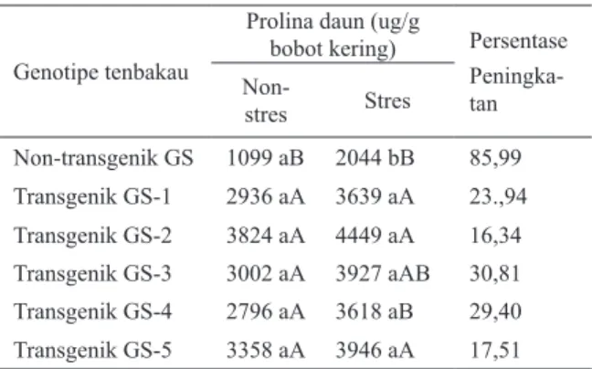 Tabel 4.  Pengaruh Perlakuan Stres Kekeringan pada  Periode 15-90 Hari Sesudah Tanam (HST)  terhadap Kandungan Prolina Daun Tanaman  T1  Zuriat  dari  Tembakau  GS  Transgenik  P5cs Generasi T0 Dan Tembakau GS  Non-transgenik