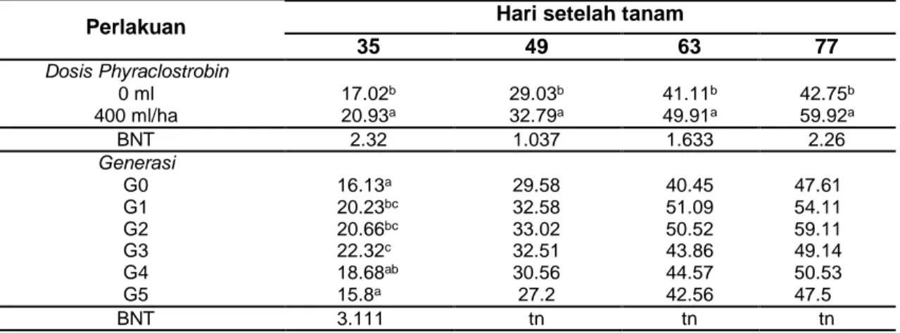 Tabel  2  Rerata  Jumlah  Daun  Umur  35  HST  –  77  HST    pada  Aplikasi  Pyraclostrobin  dan  Generasi Umbi Bibit yang Berbeda 