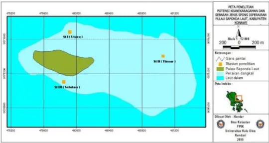 Gambar  1.  Peta  lokasi  Penelitian  di  Perairan  Pulau  Saponda  Laut,  Kecamatan  Soropia,  Kabupaten Konawe
