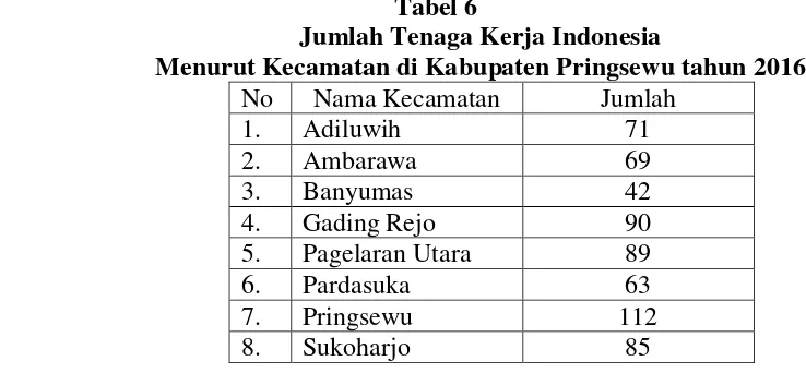 Tabel 6 Jumlah Tenaga Kerja Indonesia  