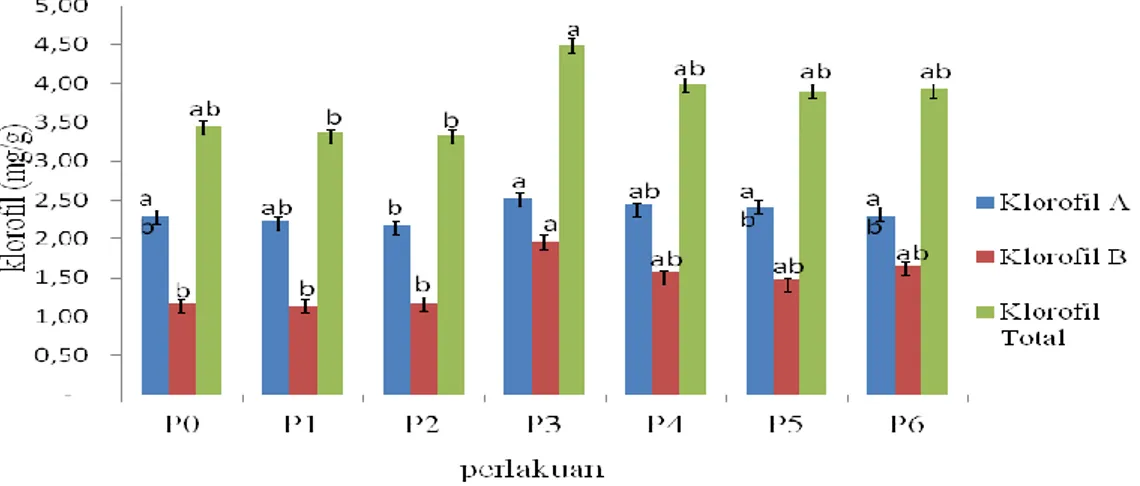 Ilustrasi  3.  Perhitungan  Klorofil  a,  Klorofil  b,  dan  Klorofil  total  Tanaman  pada  kontrol  (P0);  Gipsum  (P1);  abu  sekam  padi  (P2);  pupuk  kandang  (P3);  Gipsum  dan  abu  sekam  padi  (P4);  Gipsum  dan  pupuk kandang (P5); abu sekam pad