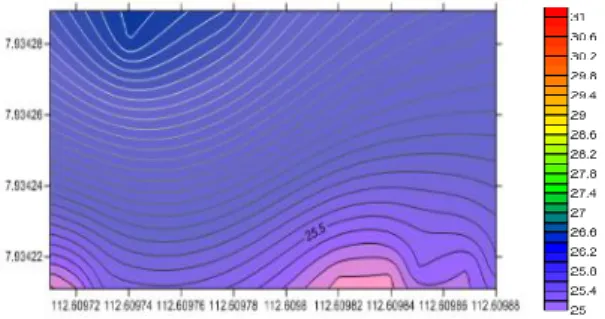 Gambar  kontur  tersebut  menggunakan  software  surfer 9 dengan memasukkan nilai input X (Longitude),              Y  (Latitude),  Z  (Suhu)