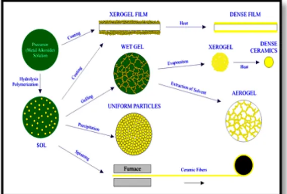 Gambar 2.5 Proses reaksi sol-gel dan hasil reaksi sol-gel  (Zhengfei, 2005) 