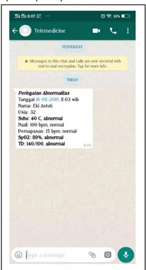 Gambar 7. Pesan abnormalitas tanda-tanda  vital di SMS 