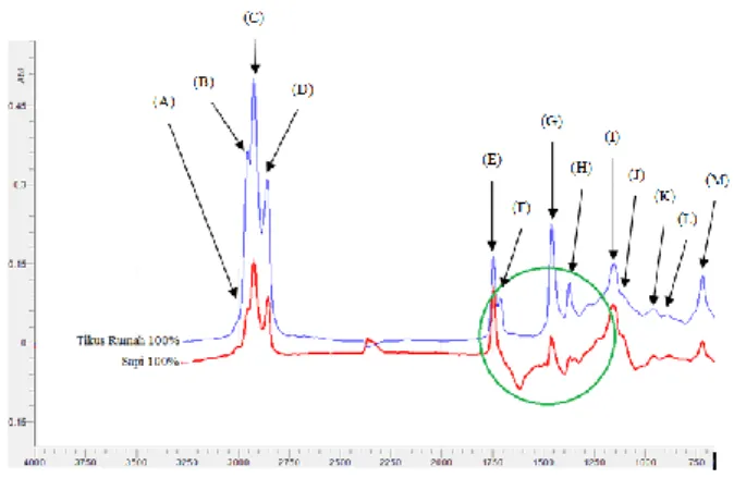 Gambar  1.  Spektra  FTIR  lemak  bakso  Sapi  100%  dan  lemak  Tikus  Rumah  100%.  Lingkaran  hijau  menggambarkan  pita  diferensiasi  antara  lemak  sapi  dan  lemak tikus rumah 
