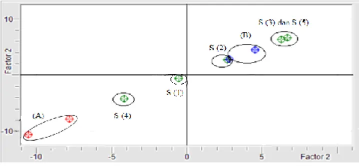 Gambar  5.  Hasil  Analisis  PCA  yang  menunjukkan  score  plot.  Warna  Merah  (A)  menunjukkan  kelompok  lemak  Sapi;  Warna  Biru  (B)  menunjukkan  kelompok  lemak  Tikus  Rumah;  Warna  Hijau  (S)  menunjukkan  kelompok  sampel  yang  beredar dipasa
