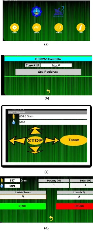 Gambar 9. (a) Tampilan Pilihan Mode (b) Sistem koneksi WiFi (c)  Tampilan Mode Manual (d) Tampilan Mode Otomatis 