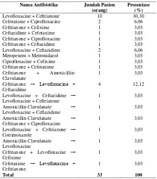 Tabel 5.4. Data penggunaan antibiotika kombinasi empiris yang sering digunakan pada pasien HAP di IRNA Medik SMF Penyakit Dalam RSUD Dr