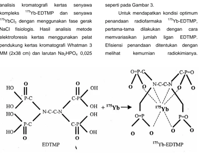 Gambar 1 memperlihatkan hasil  analisis kromatografi kertas senyawa  kompleks  175 Yb-EDTMP dan senyawa 