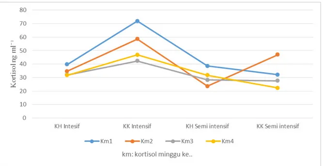 Gambar 1. Rataan dan standar error kadar hormon kortisol (ng ml -1 ) pada domba lokal dengan sistem pemeliharaan dan  pemberian jenis konsentrat berbeda