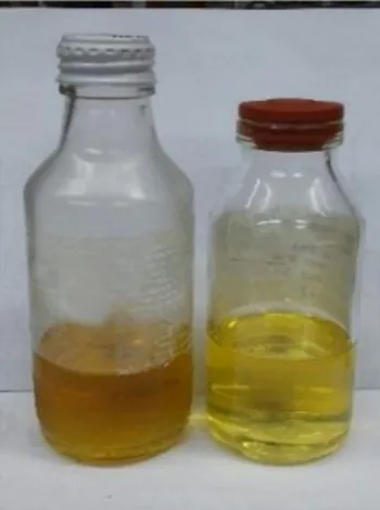 Gambar 2. Minyak Jelantah (kiri) dan Biodiesel yang Terbentuk (kanan). 