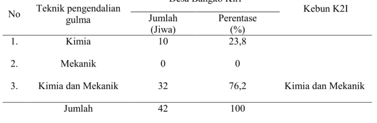 Tabel  6  menunjukkan  bahwa  petani  sampel  di  Desa  Bangko  Kiri  Kecamatan Bangko Pusako Kabupaten  Rokan  Hilir  banyak  menggunakan  teknik  pengendalian  secara  kimia  dan  mekanik,  dengan  persentase  mencapai  76,2%