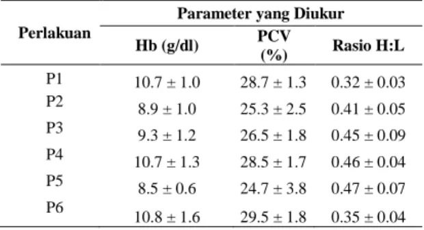 Tabel 1. Rata-rata  (±SD)  kadar  hemoglobin  (Hb),  nilai PCV, dan nilai rasio H:L ayam broiler  yang  diberi  ekstrak  jaloh  dikombinasi   probiotik dan mineral kromium pada ayam  yang menderita stres panas 