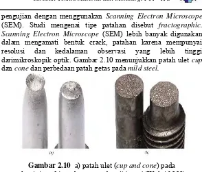 Gambar 2.10  a) patah ulet (aluminium.(b)patah getas pada cup and cone) pada mild steel (Wulpi,1999) 
