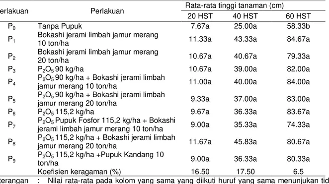 Tabel 1.  Pengaruh  kombinasi  dosis  pupuk  fosfor  dan  pupuk  organik  bokashi  jerami  limbah  jamur  merang terhadap tinggi tanaman cabai merah (Capsicum annuum L) varietas Prabu