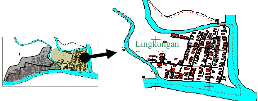 Gambar 3.Peta situasi kelompok permukiman 01  Sumber : iconos dan observasi lapangan, 2008  Kelompok  permukiman  01  berada  pada 