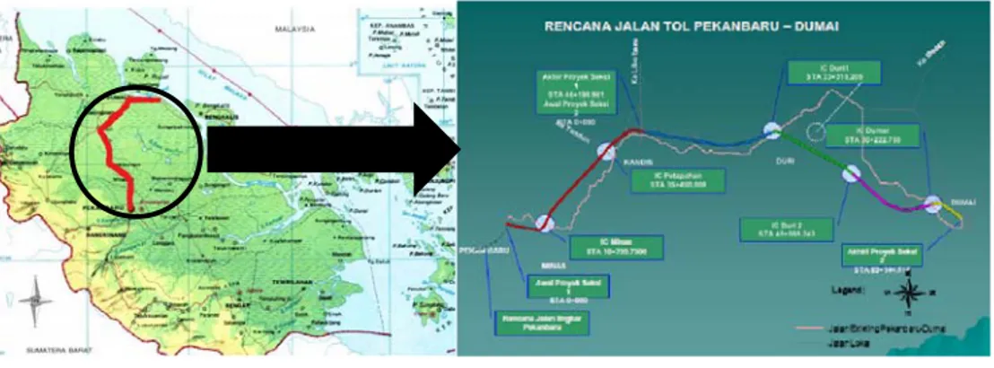 Gambar 3. Peta Lokasi Pengembangan Jalan Tol Pekanbaru-Dumai.  Sumber: Presentasi Tol Pekanbaru-Dumai oleh Gubernur Riau, 2000 