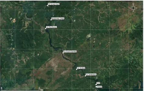 Gambar 1. Peta Lokasi Pengambilan Sampel Air (Citra satelit Google,2017)  Hasil pemeriksaan parameter lapangan dan laboratorium diperoleh data sebagai berikut : 