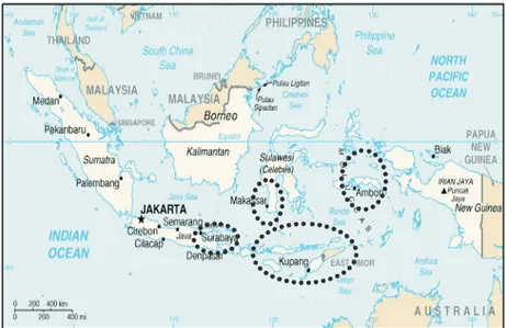 Gambar 3.  Penyebaran tumbuhan lontar di Kepulauan Indonesia. Figure 3. Distribution of  lontar in Indonesia archipelago.