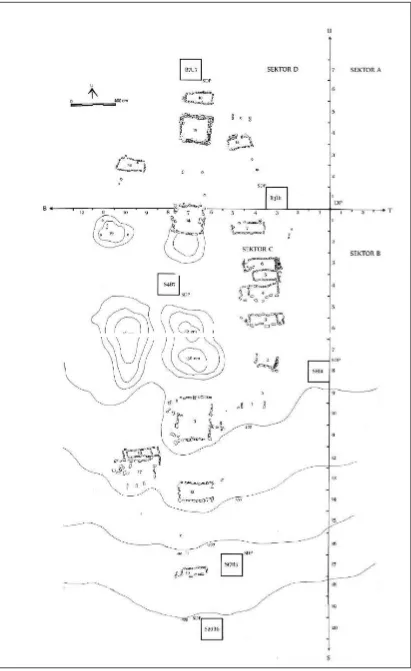Gambar 1. Denah makam dan layout/ tataletak ekskavasi di situs Lobudao, Saipar Dolok Hole 